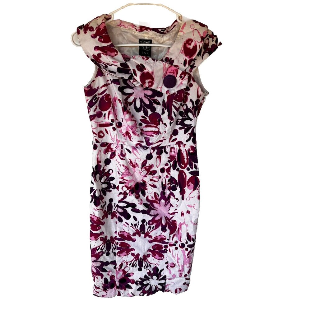 JAX Dress Sz 4 Pink Cream Floral Cocktail Button Neck Detail Sheath Party Casual